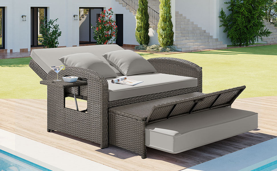 PE Wicker Rattan Double Chaise Lounge, 2-Person Reclining Daybed