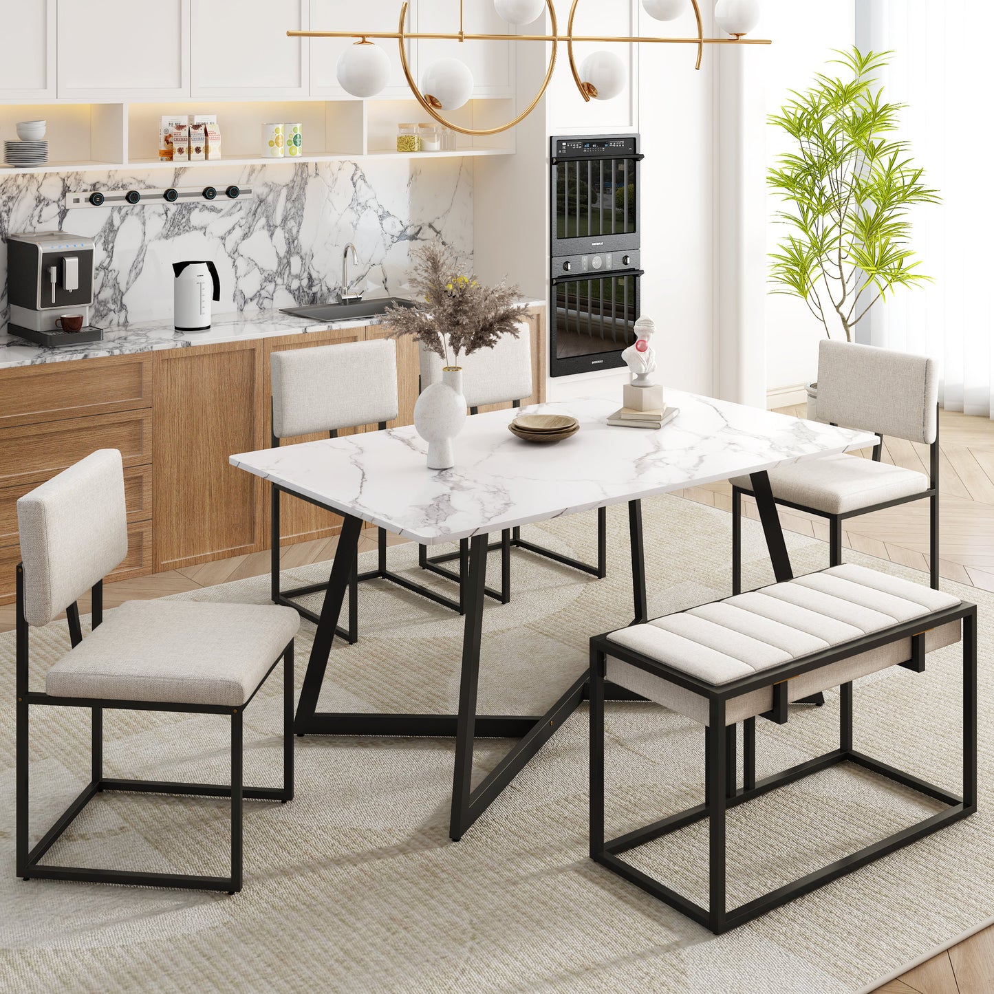 Modern Faux Marble 6-Piece Dining Table Set Dining Chairs and Bench