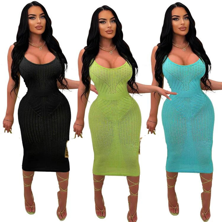 Women's Dress Summer Solid Color Sleeveless Sling Hollow Sexy Knitted Midi Dress