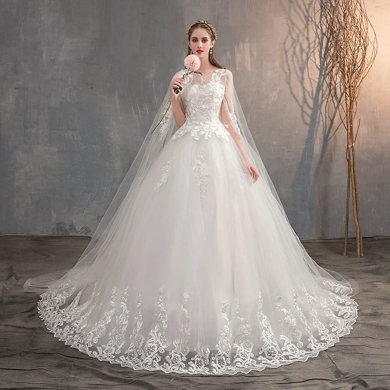 Wedding Dress With Long Cap Lace Wedding Gown With Long Train Embroidery