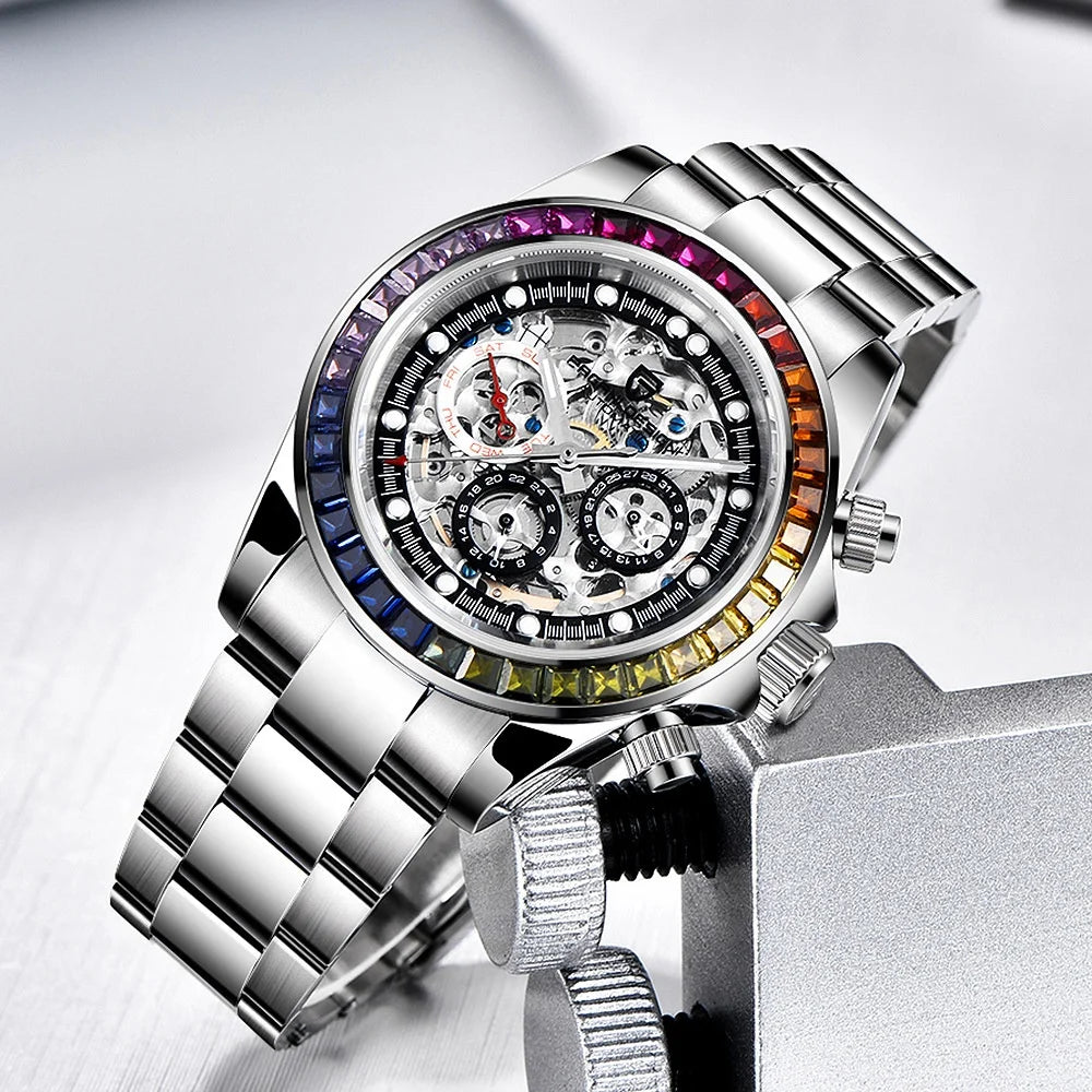 Stainless Steel Watch Rainbow Diamond Skeleton Watches Men Wrist