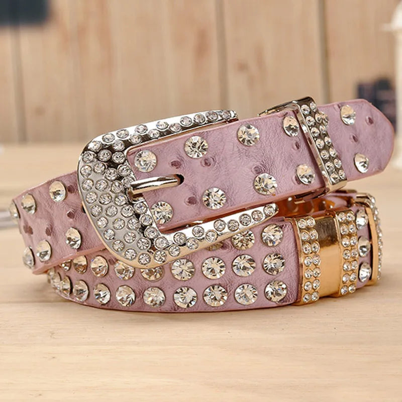 Rhinestone Belts for Women Leather Belt Second Layer Skin Strap Female