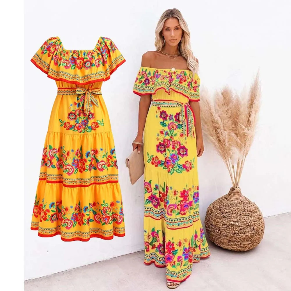 Summer Floral Print Off Shoulder Women Mexican Dress