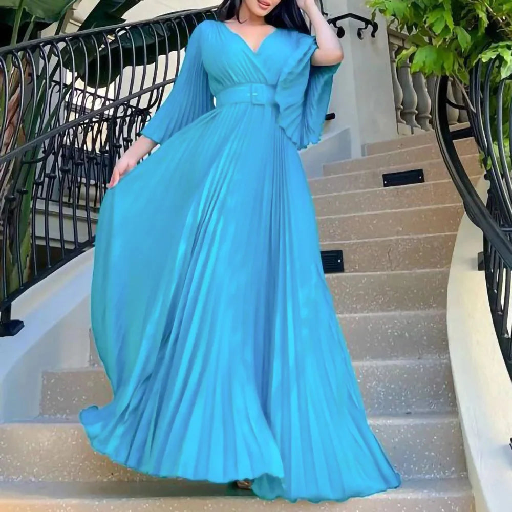 Women Chiffon Pleated Dress High Waist Floor Length Long Sleeve Deep v Dresses