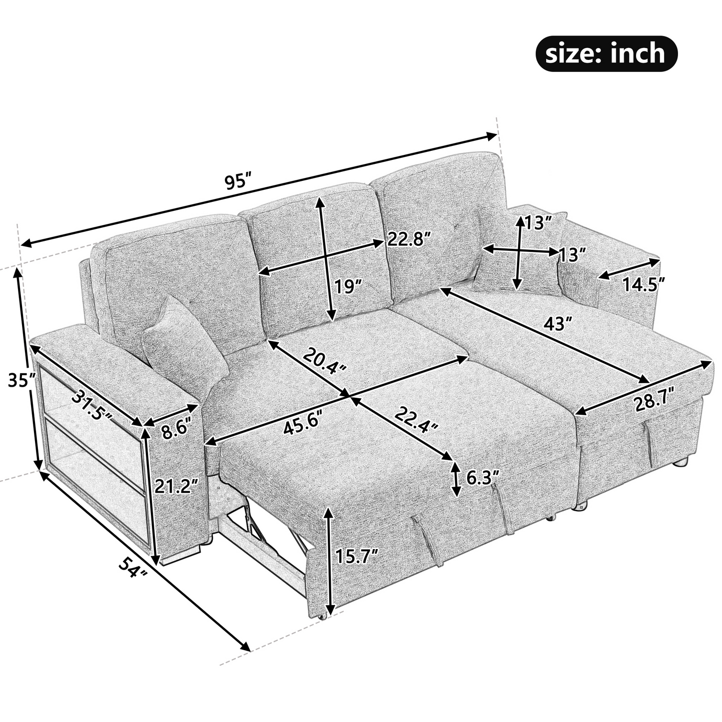 Reversible Sleeper Sectional Sofa Bed With Side Shelf and 2 Stools