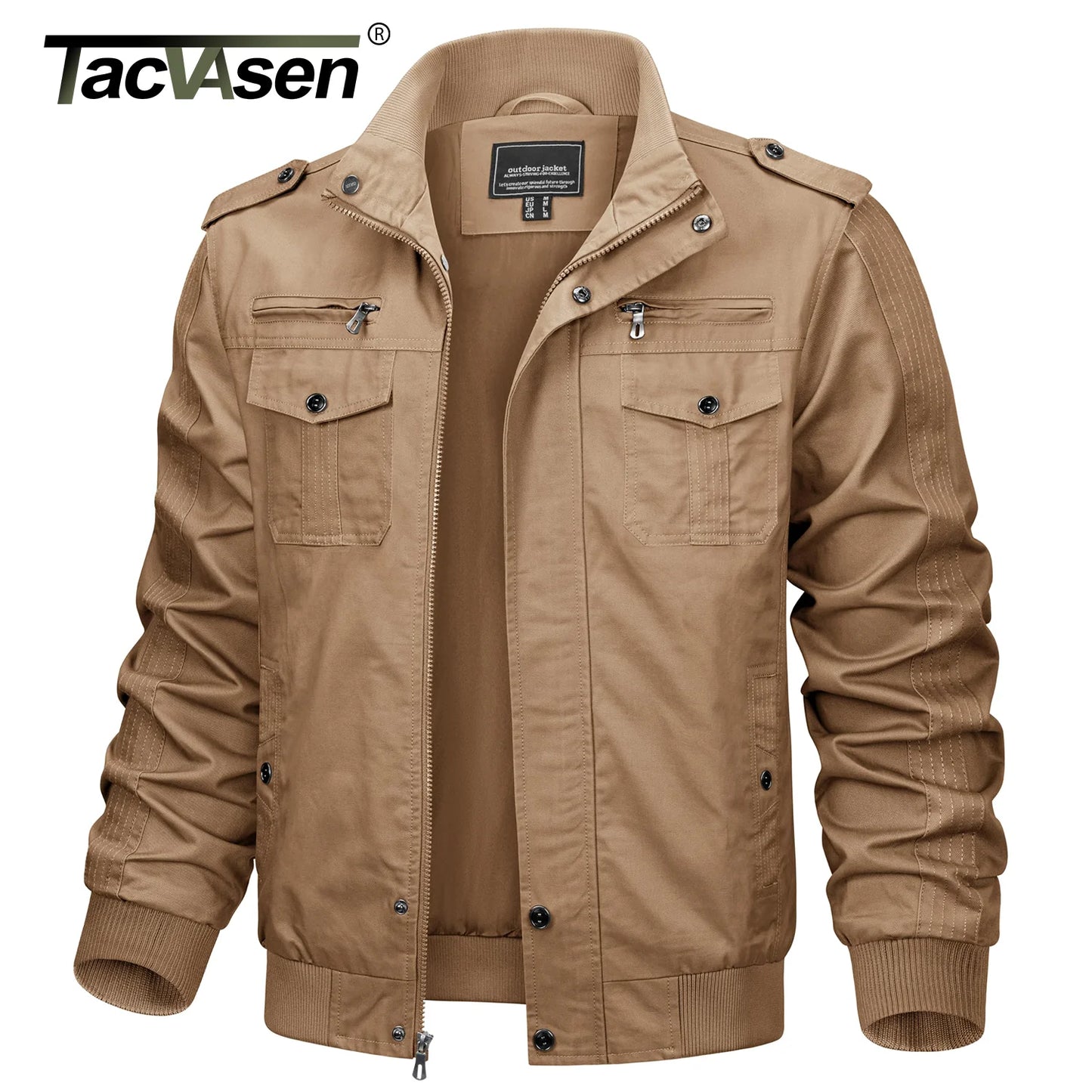 TACVASEN Pilot Bomber Jacket Coats Mens Cotton Cargo Jackets With Zipper Pockets