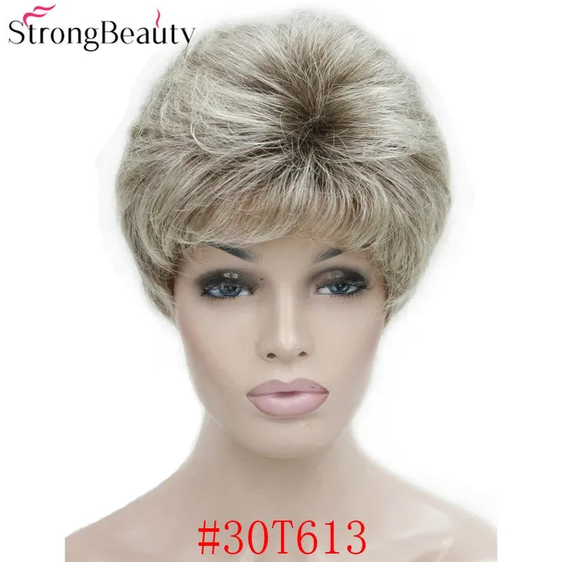 Synthetic Short Straight Hair Puffy Natural Blonde/Silver Grey Wigs With Bangs