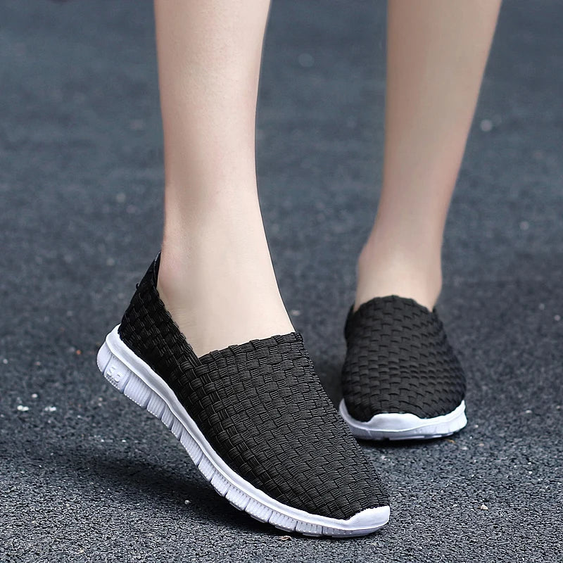 New Women Flats Autumn Casual Shoes Woman Sneakers Breathable Female Woven Shoes