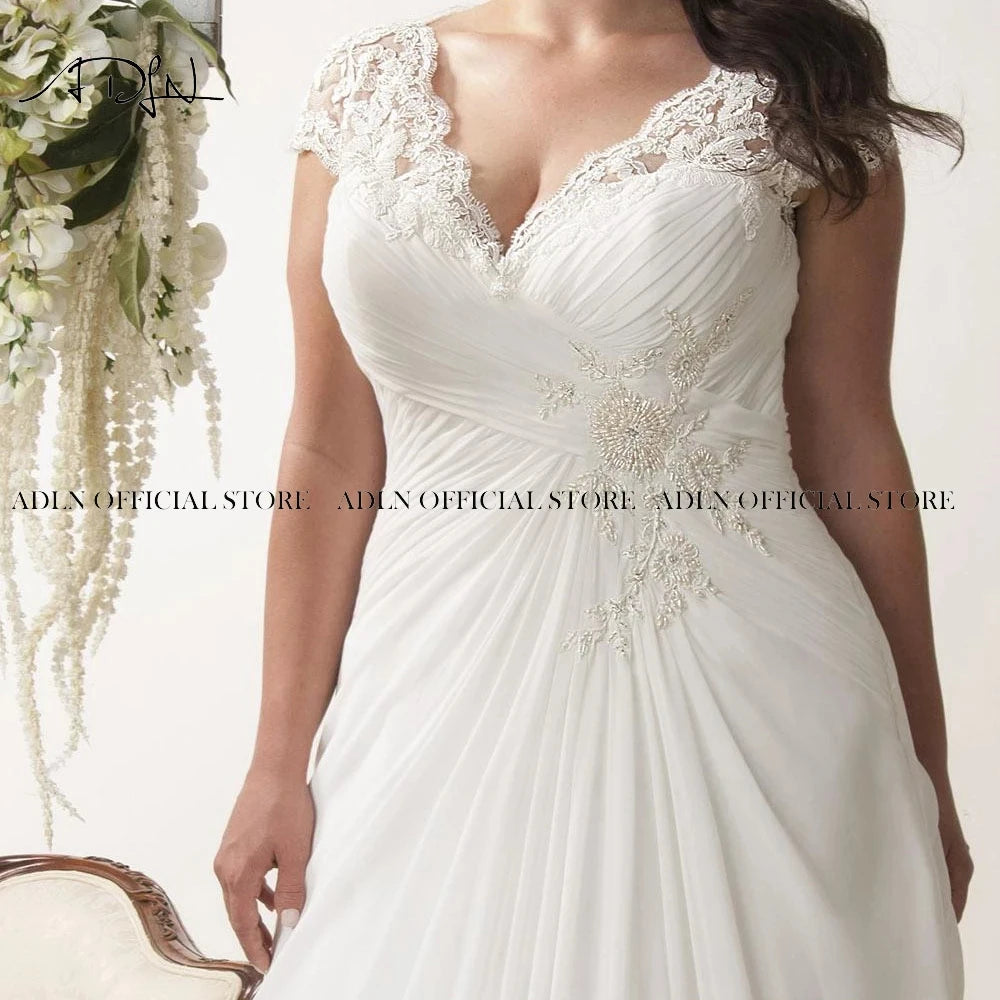 V-Neck Cap Sleeves Robe De Mariage Sweep Train Appliqued Open Back Bridal Gown