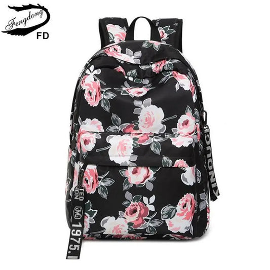 Teenage Girls Schoolbag Children Black Flower Backpack