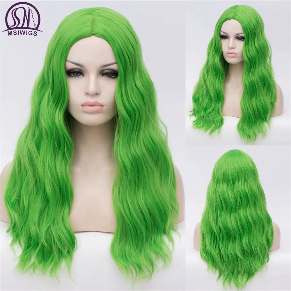 Wavy Synthetic Wigs Long Green Middle Line Wig Heat Resistant