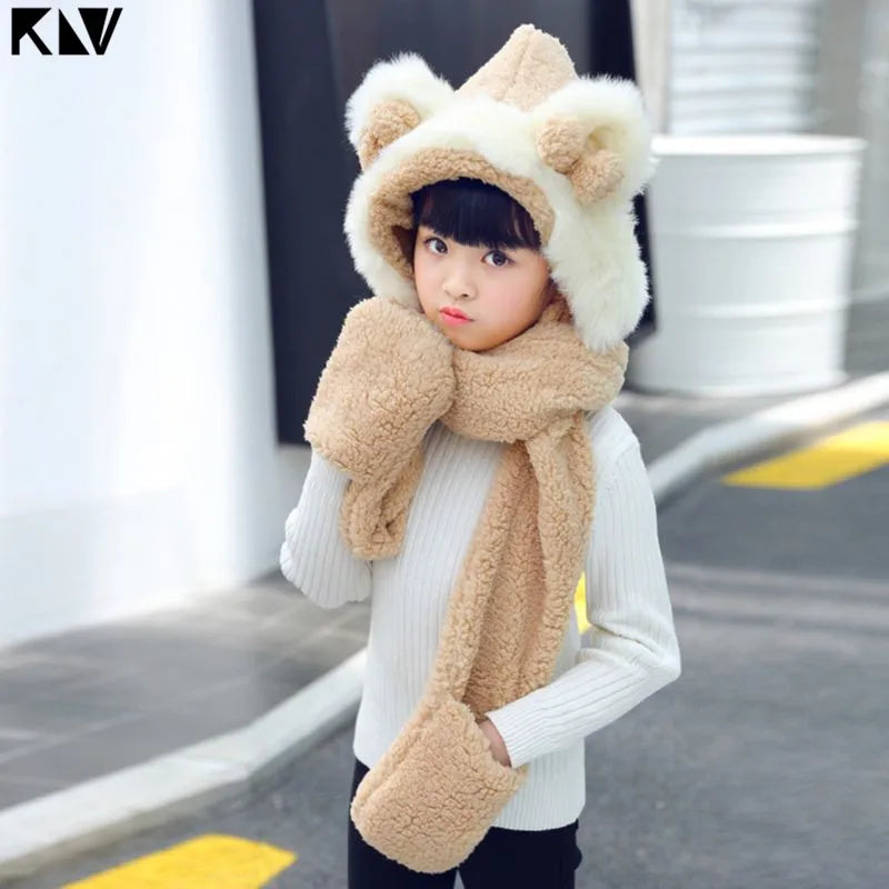 Warm Plush Winter Hat Cute Bowknot Bear Ears Scarf Gloves Hoodie Cap