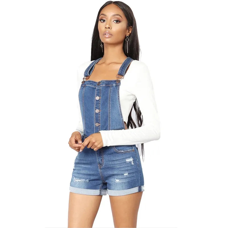 Short Denim Overalls Women Hole  Jumpsuit High Waist Casual Jeans