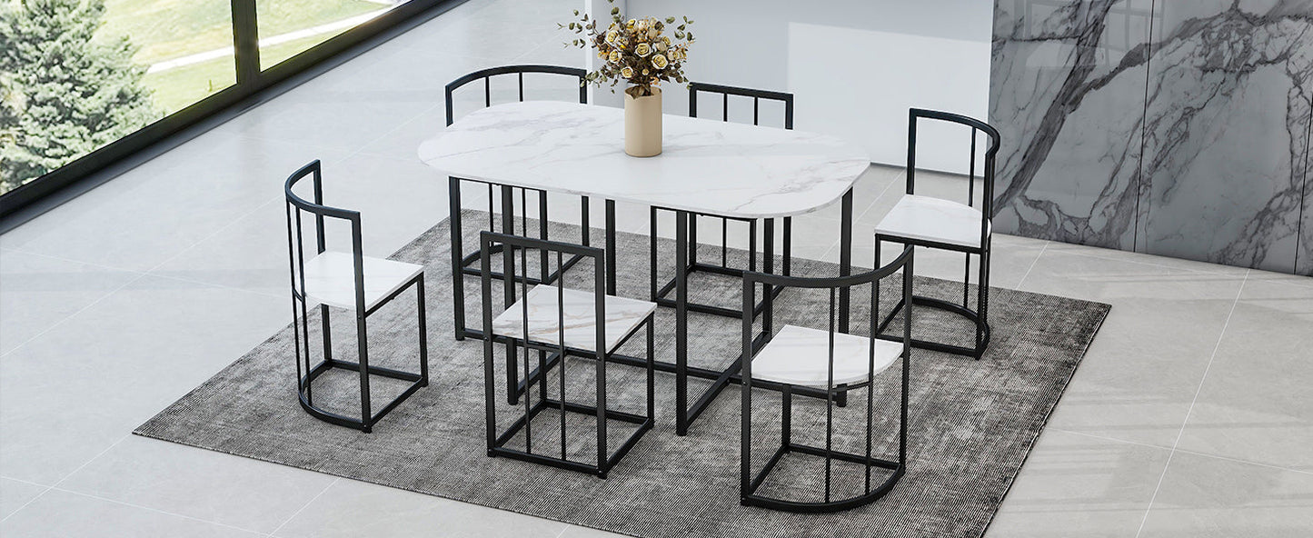 Modern 7-Piece Dining Table Set With Faux Marble Compact