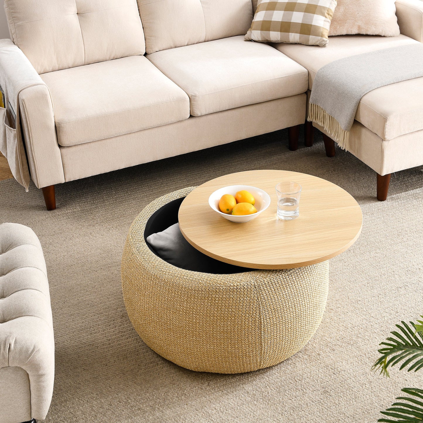 Round Storage Ottoman, Work as End Table and Ottoman