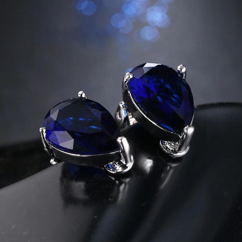 Water Drop Cubic Zirconia Clip  Elegant Blue Stone Earrings