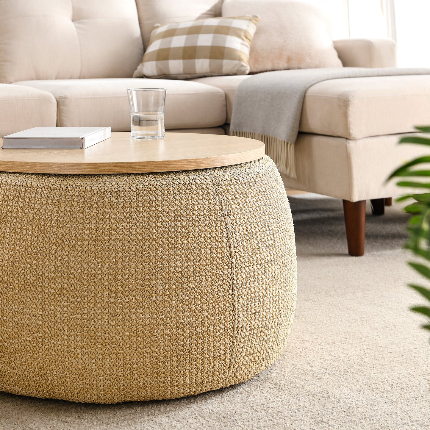 Round Storage Ottoman, Work as End Table and Ottoman