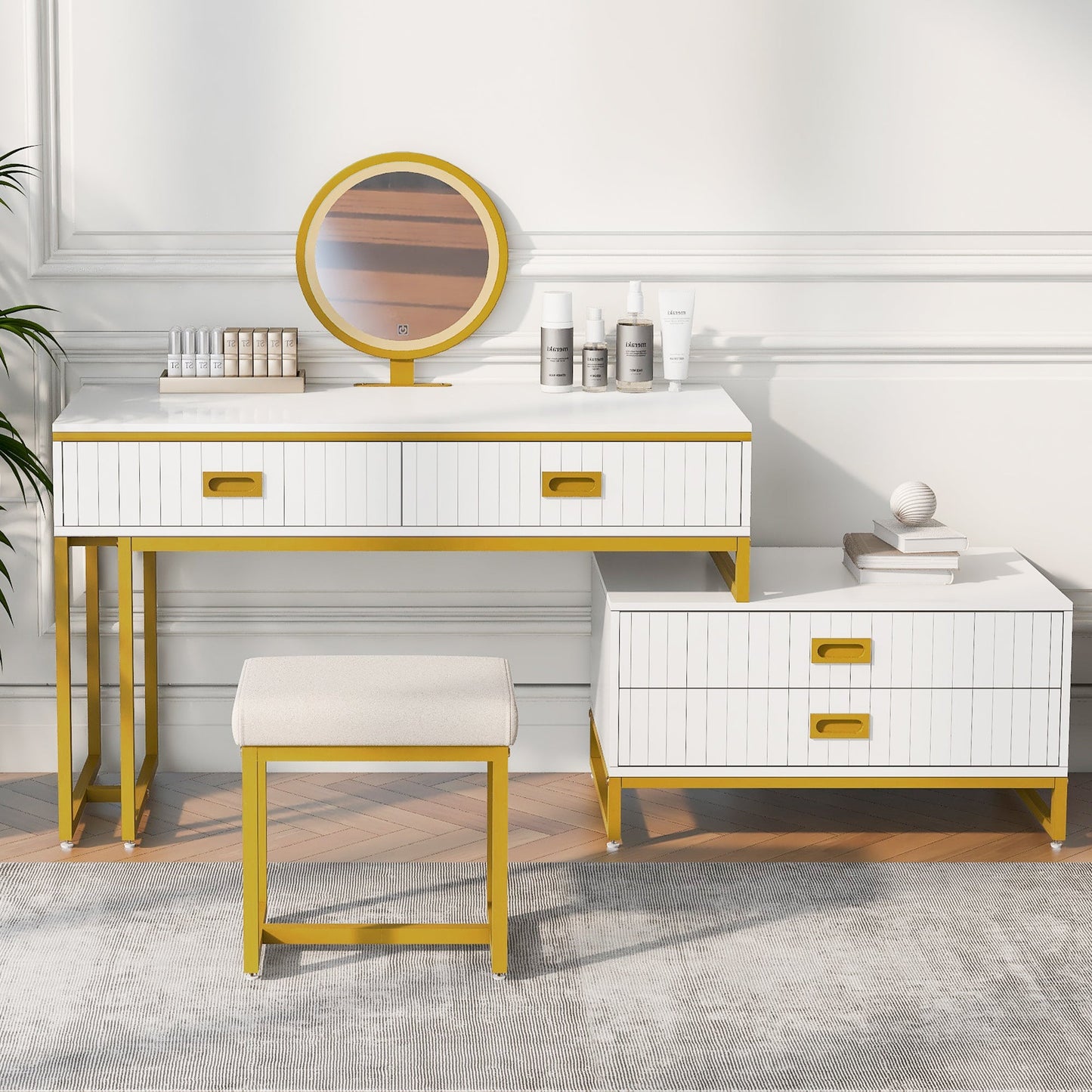 Vanity Table With Movable Side Cabinet and 4-Drawers