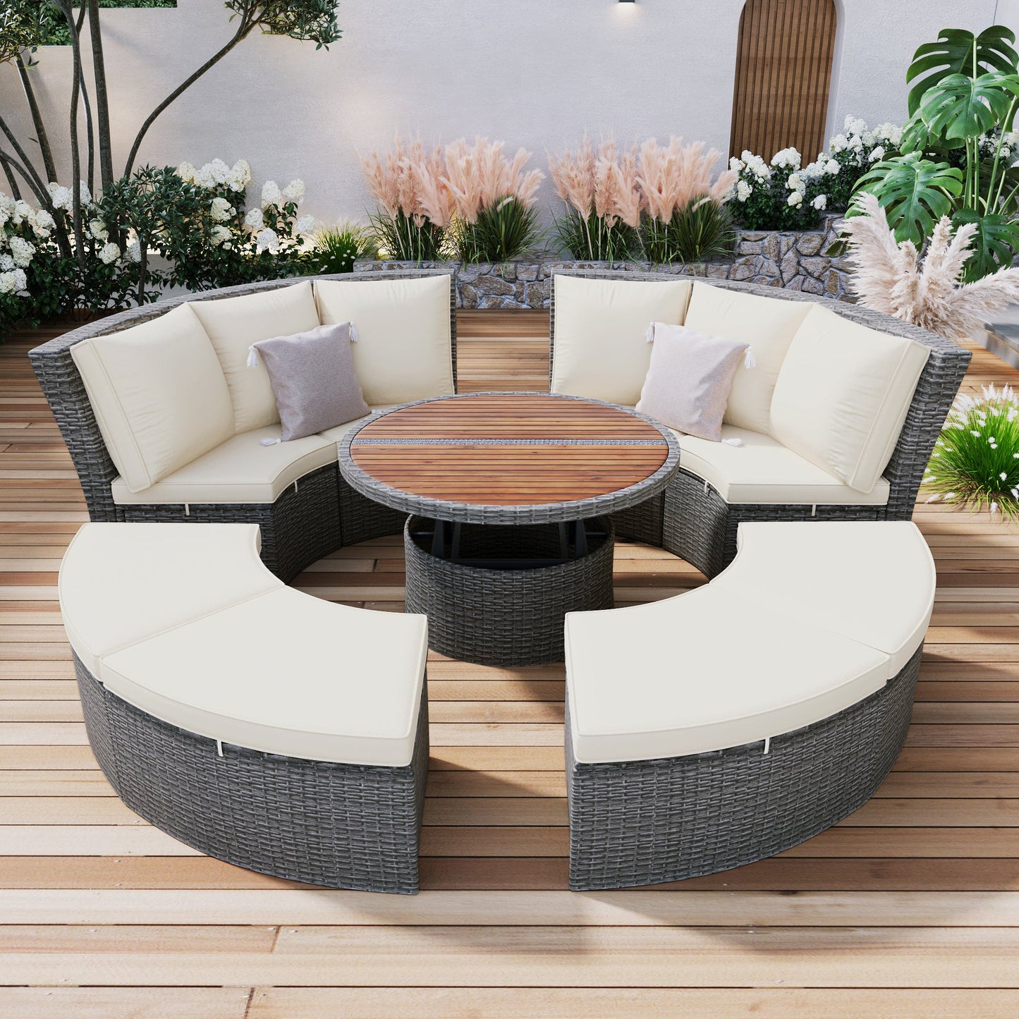 Patio 5-Piece Round Rattan Sectional Sofa Set All-Weather PE Wicker Sunbed