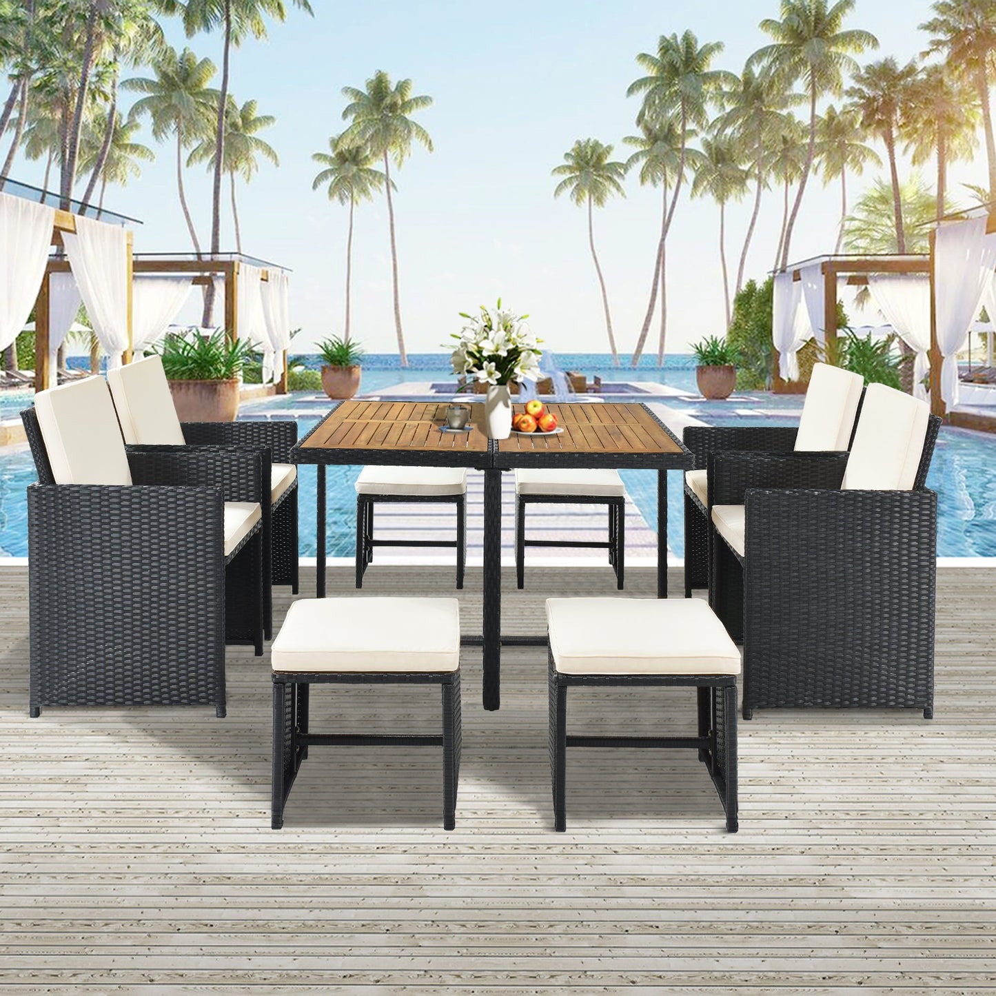 Patio All-Weather PE Wicker Dining Table Set With Wood Tabletop