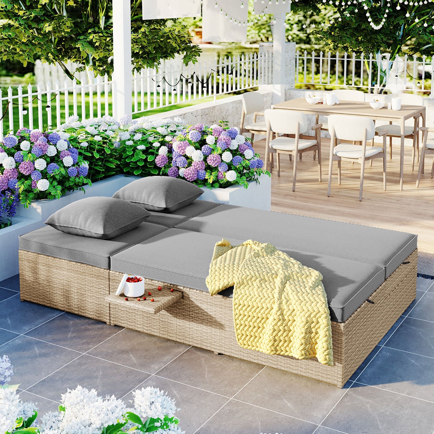 Outdoor Double Sunbed, Wicker Rattan Patio Reclining Chairs