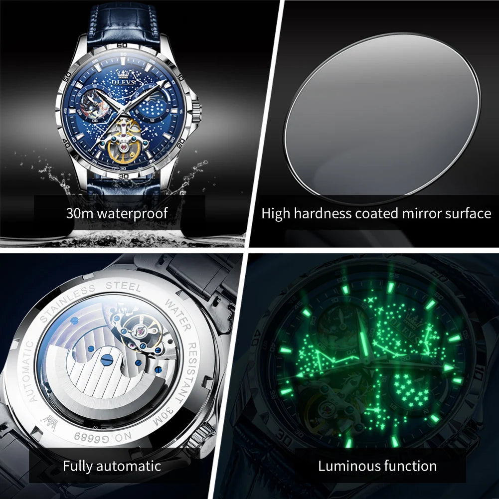 Waterproof Sport Leather Automatic Mens Mechanical Watches for Men