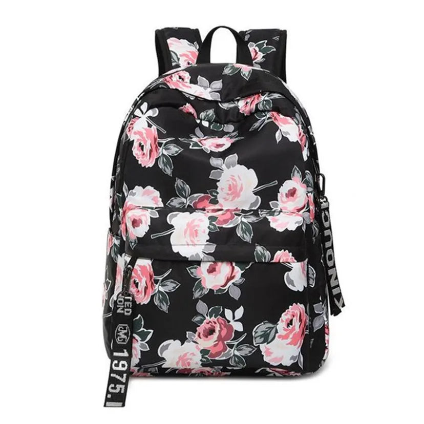 Teenage Girls Schoolbag Children Black Flower Backpack