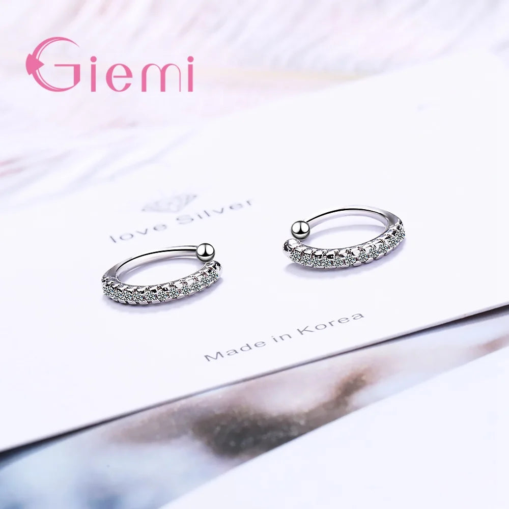 Sterling Silver Ear Clip Earrings Simple CZ Crystal Paved Circle Loop Design