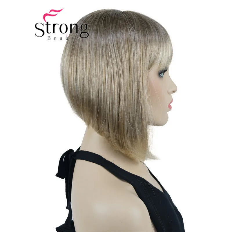 Short Straight Blonde Highlighted Bob With Bangs Synthetic Wig