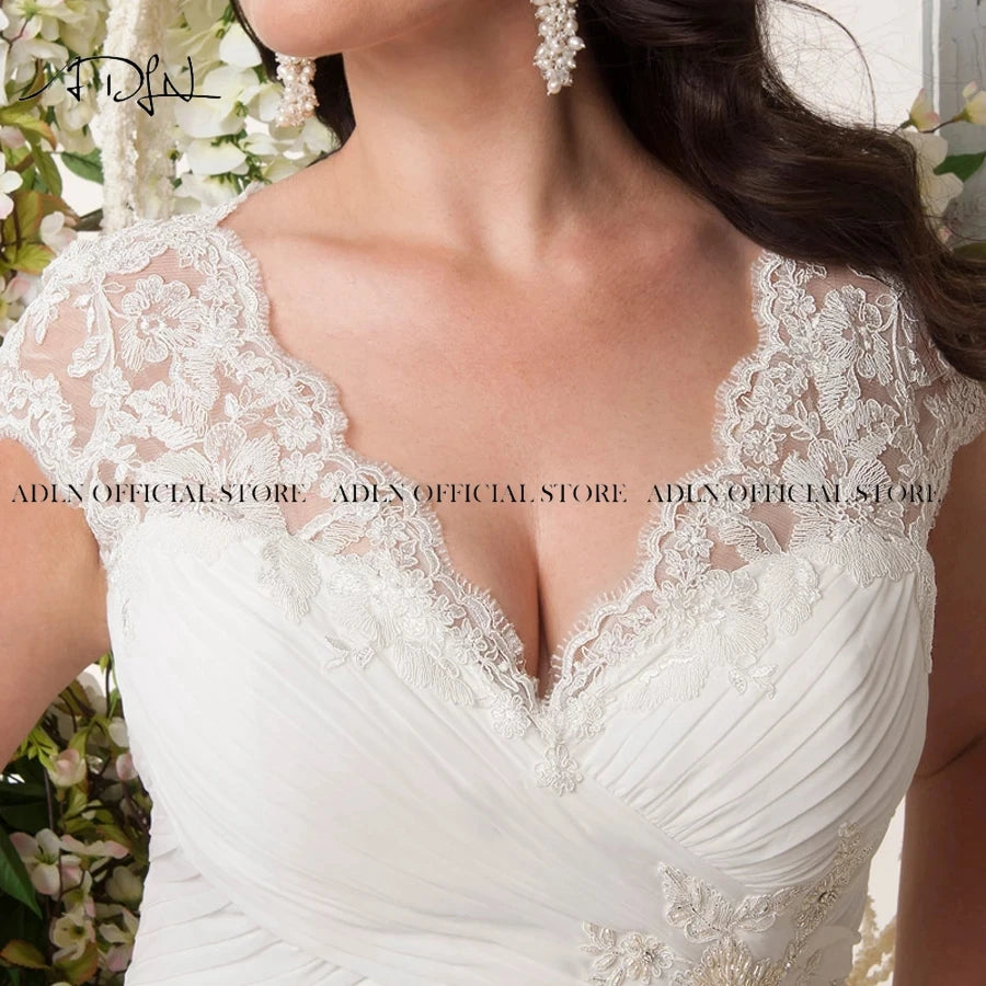 V-Neck Cap Sleeves Robe De Mariage Sweep Train Appliqued Open Back Bridal Gown