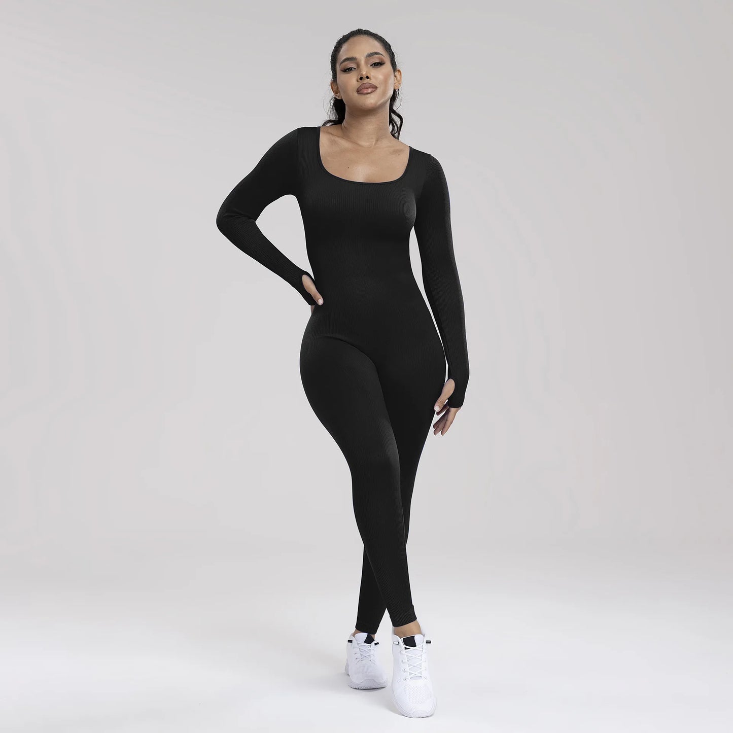 Seamless Ribbed Shaper Sport Fitness Bodysuits Yoga Jumpsuits Long Sleeve