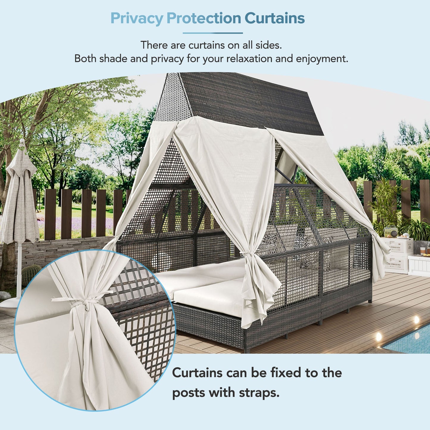 Outdoor Daybed Patio Lounge Bed With Adjustable curtains