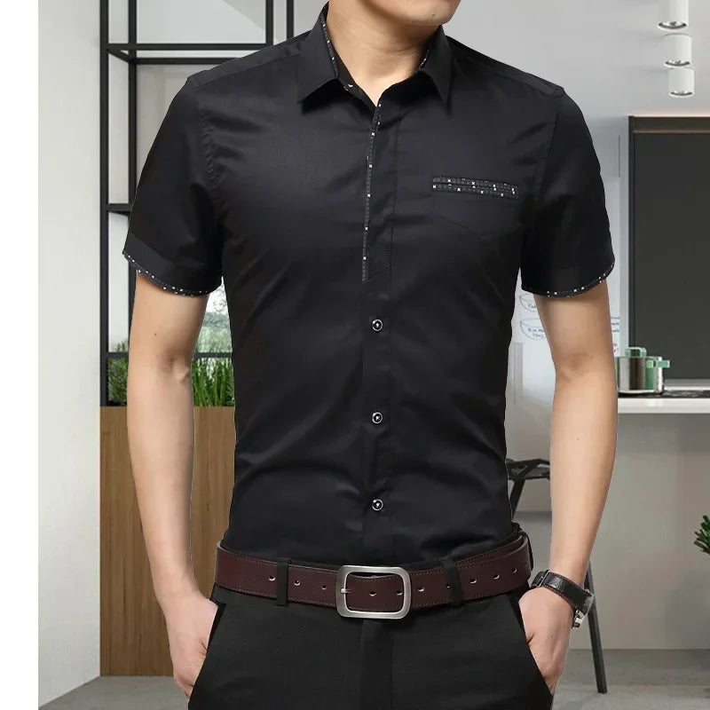 Summer Men Cotton Short Sleeves Dress Shirt Turn-Down Collar Cardigan