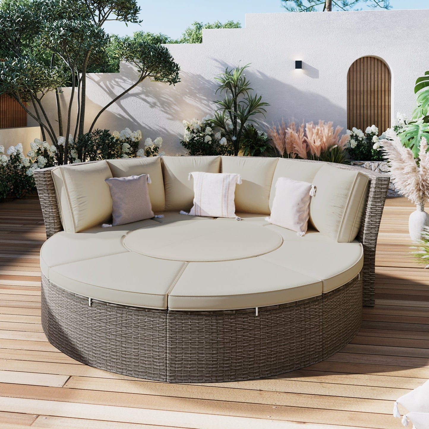 Patio 5-Piece Round Rattan Sectional Sofa Set