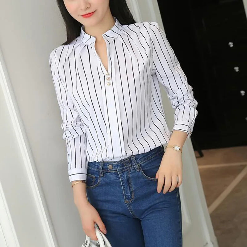 Spring Women White Blouses Fashion Stripe Print Casual Long Sleeve