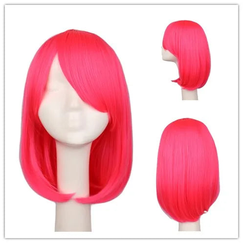 Short Bob Straight Cosplay Wig Costume Party Pink 40 Cm Synthetic Hair Wigs