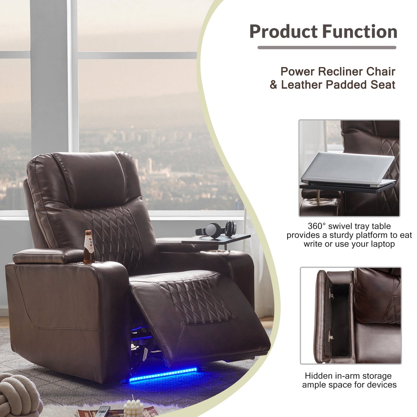 Power Motion Recliner With USB Charging Port and Hidden Arm Storage