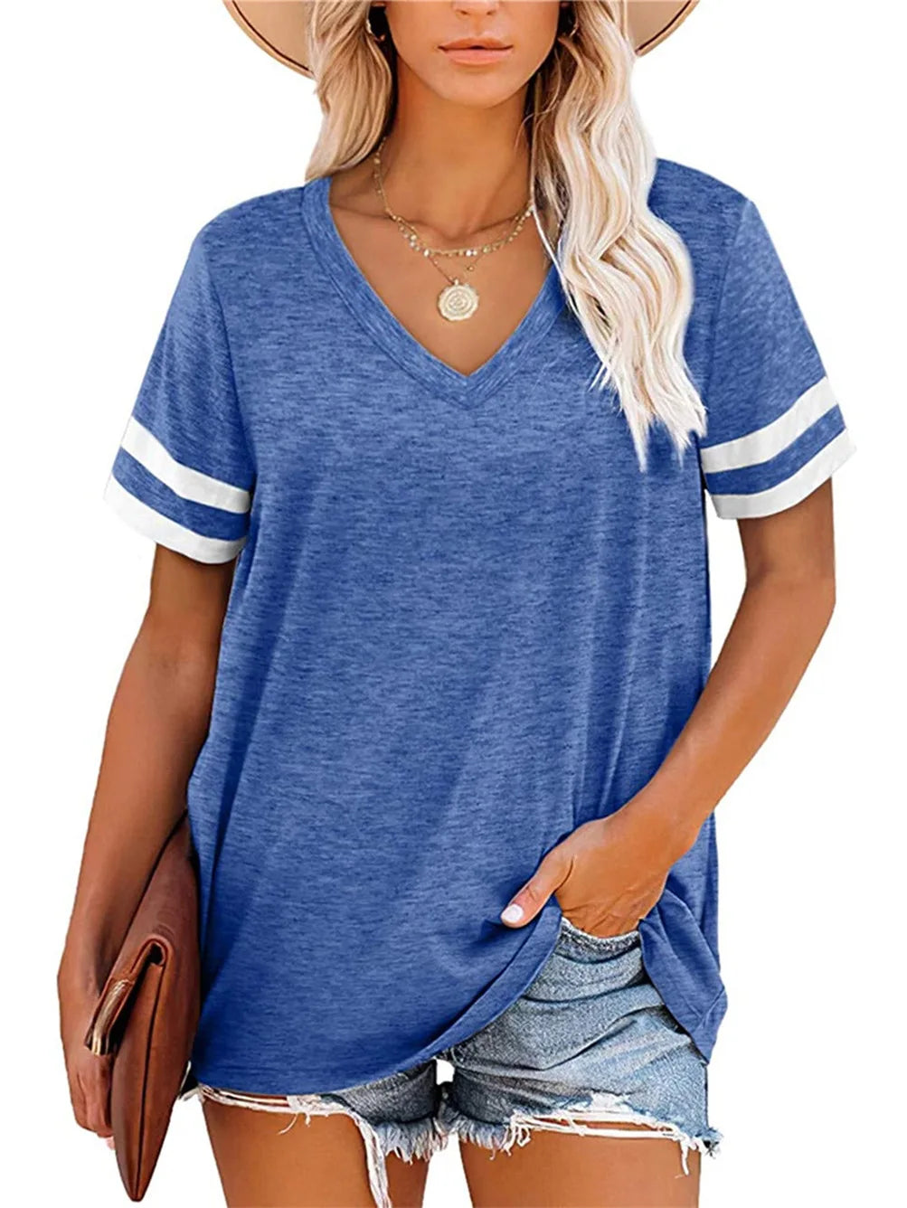 V-Neck Short Sleeve Blank Tshirts Top for Women Elegant Solid Cotton