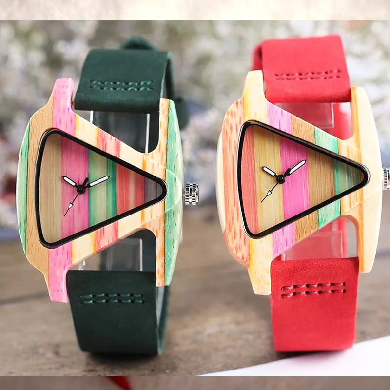 Wood Watch Creative Triangle Shape Dial Hour Clock Women Quartz Leather