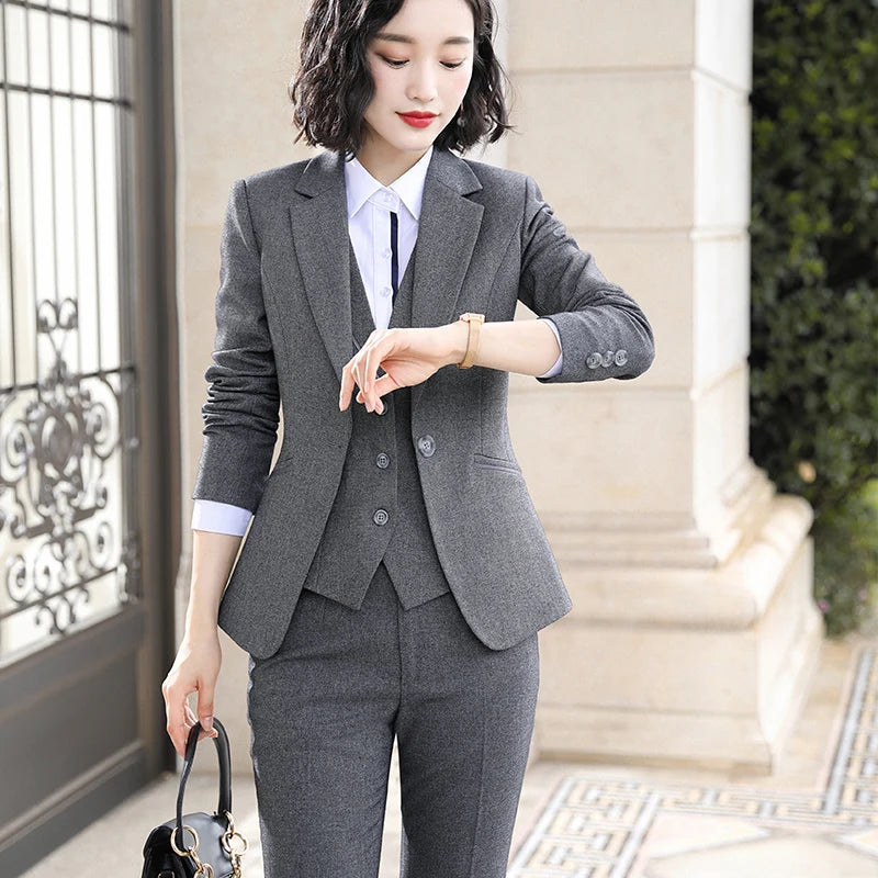 Wear Women OL Pant Suits Formal Female Blazer Jacket  Vest Trousers 3 Pieces