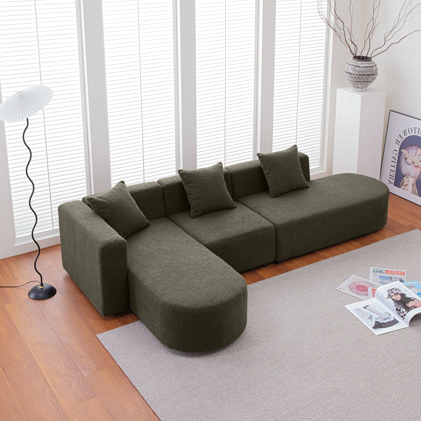 Modern Sectional L Shape Boucle Sofa With Curved Seat (Facing Left)