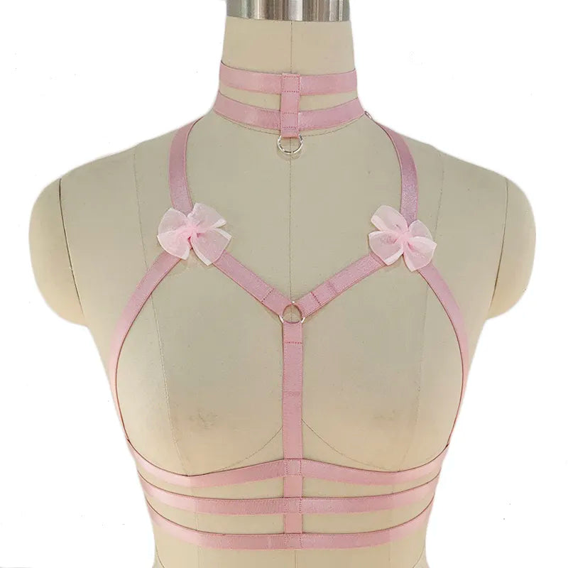 Original Design Pink Collar Bow Harness Bra Kawaii Open Chest Bondage Body Cage