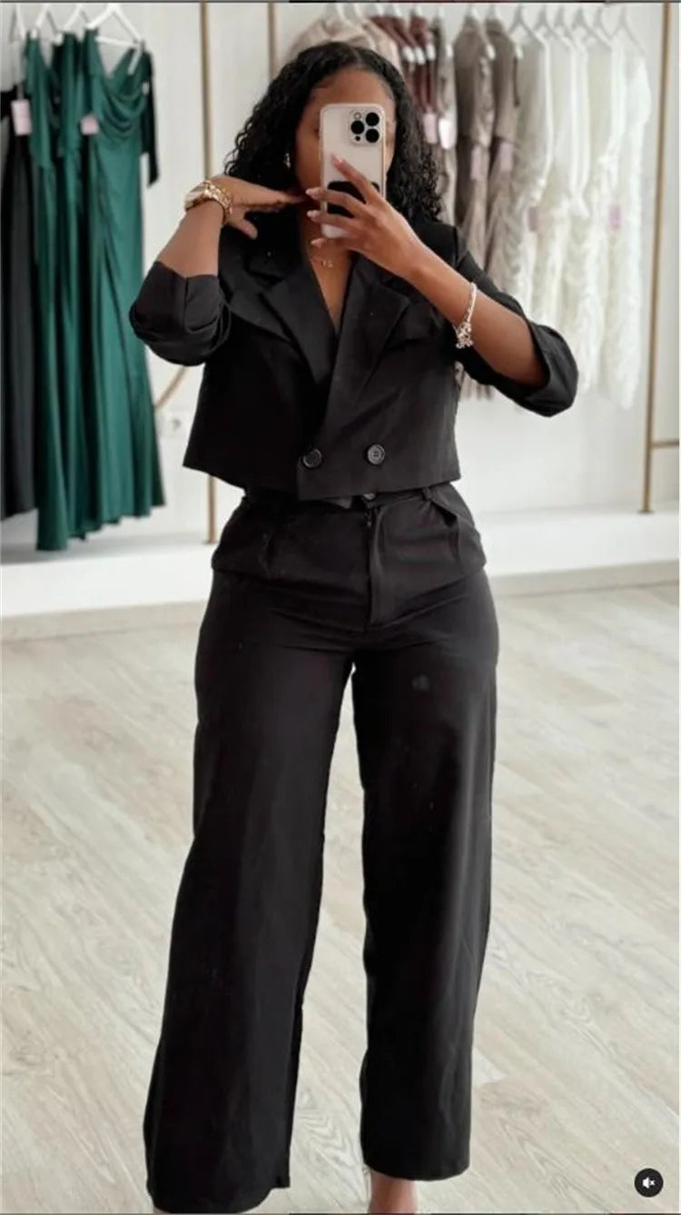 Women's Long Sleeve Two Piece Sets Wide Leg Pant Suit