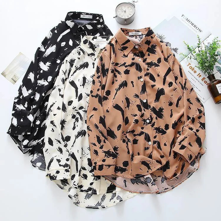 Women Vintage Printed Long Sleeve Buttons Blouse Casual Shirt