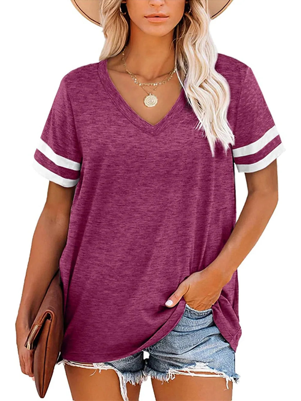 V-Neck Short Sleeve Blank Tshirts Top for Women Elegant Solid Cotton