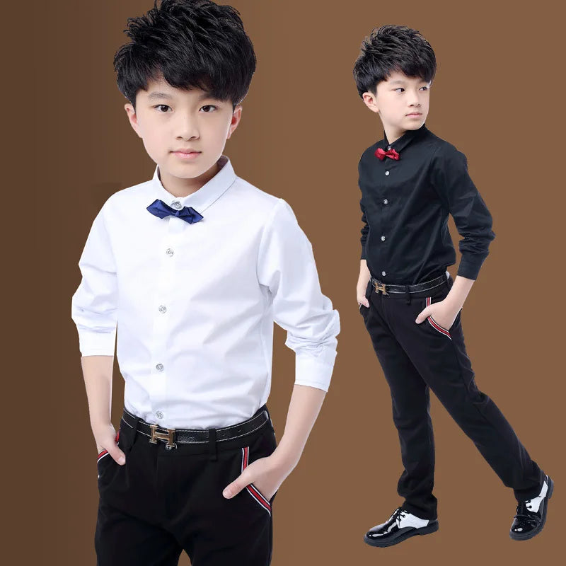 New Children Boys Shirts Cotton Solid Black&White Shirt With Tie