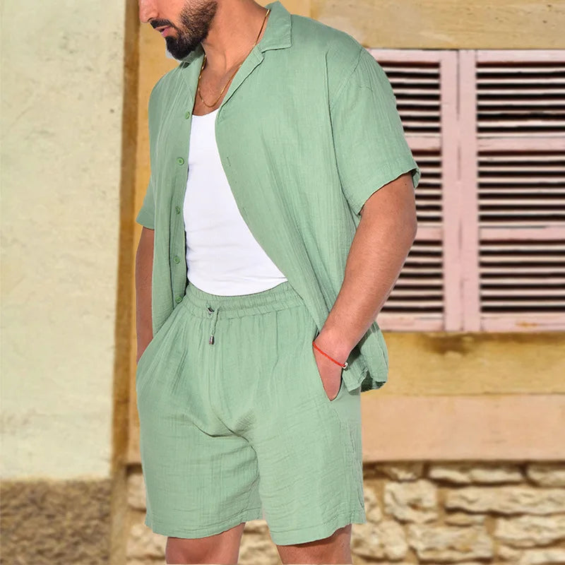 Mens Sets Loose Short Sleeve T-Shirt Shorts Two Piece Linen Set Tracksuit