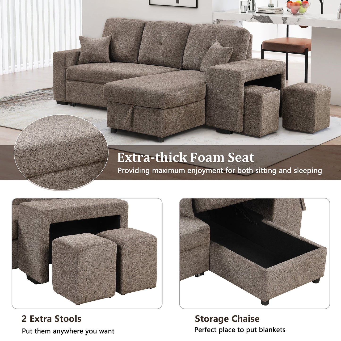 Reversible Sleeper Sectional Sofa Bed With Side Shelf and 2 Stools