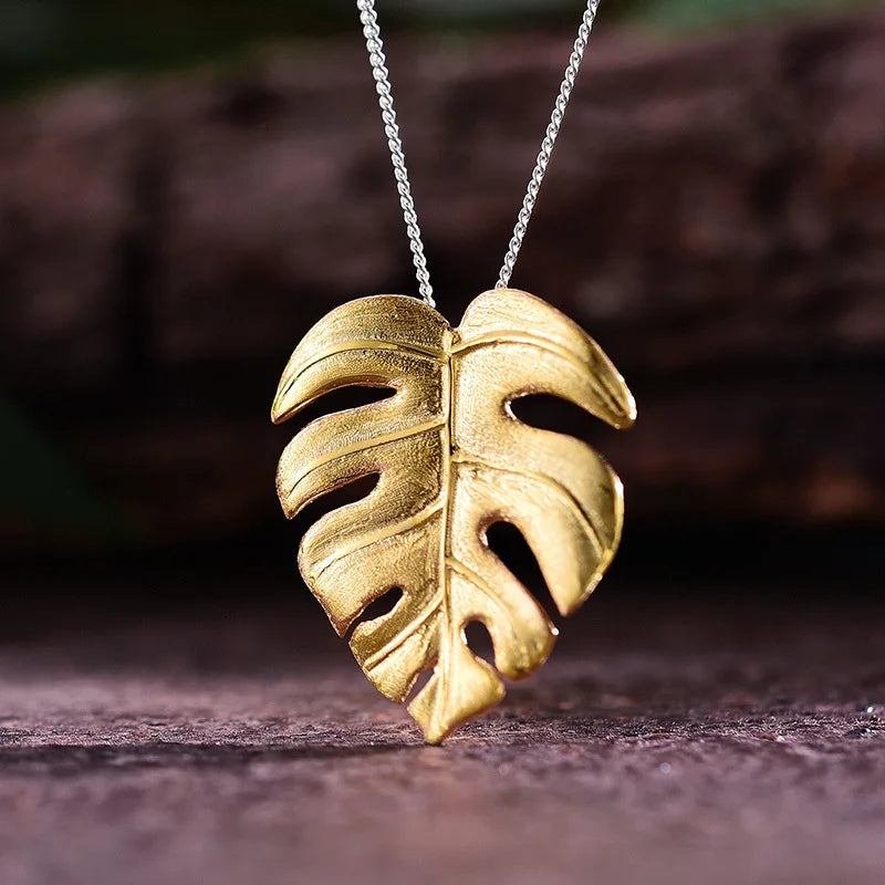 Silver Handmade Fine Jewelry 18K Gold Monstera Leaves Design Pendant