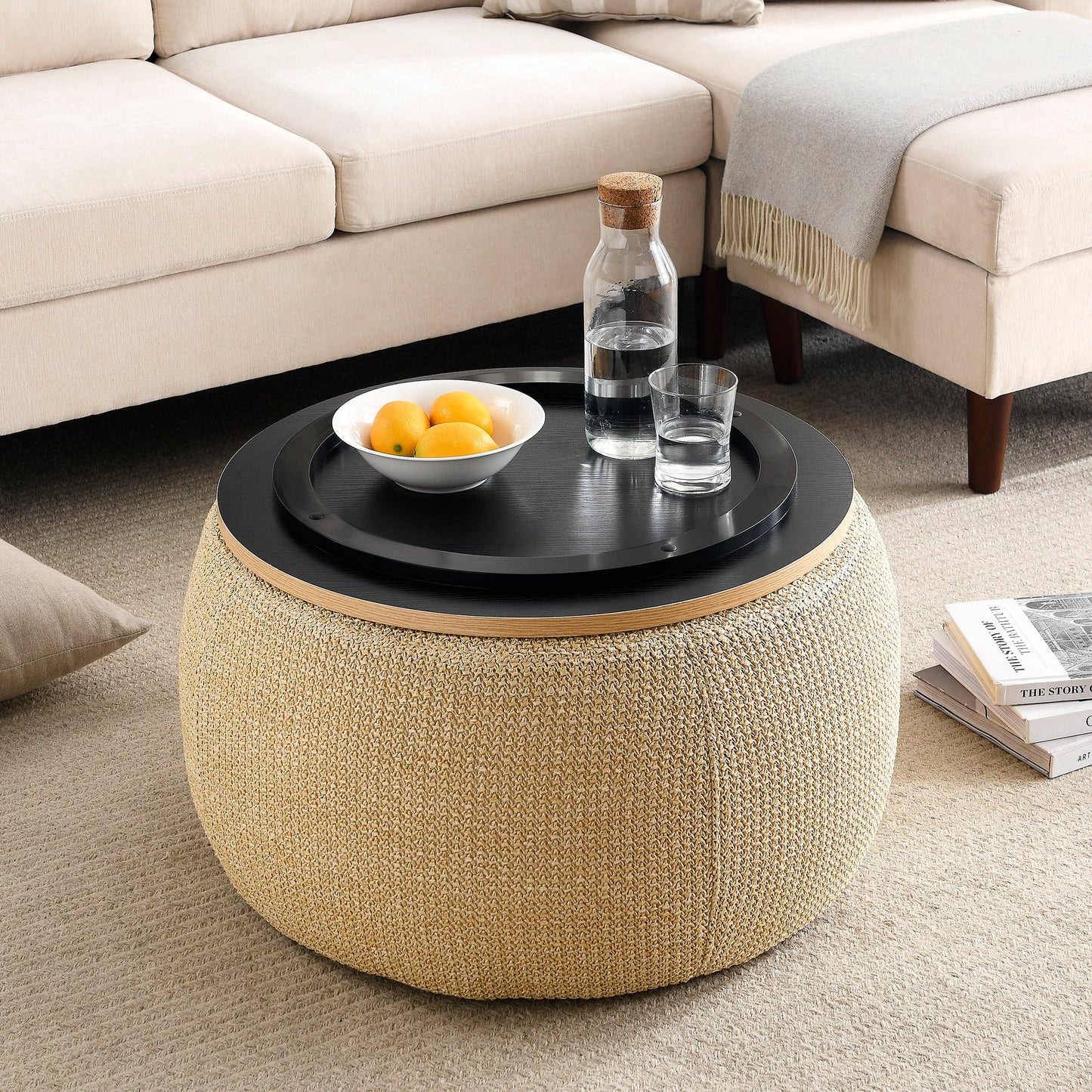 Round Storage Ottoman, Work as End Table and Ottoman